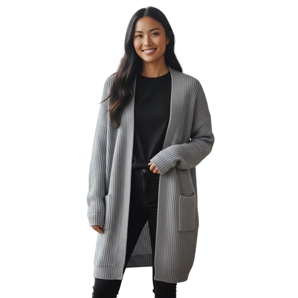 Womens Medium Blue Gray Knit Cardigan Duster Sweater Coat